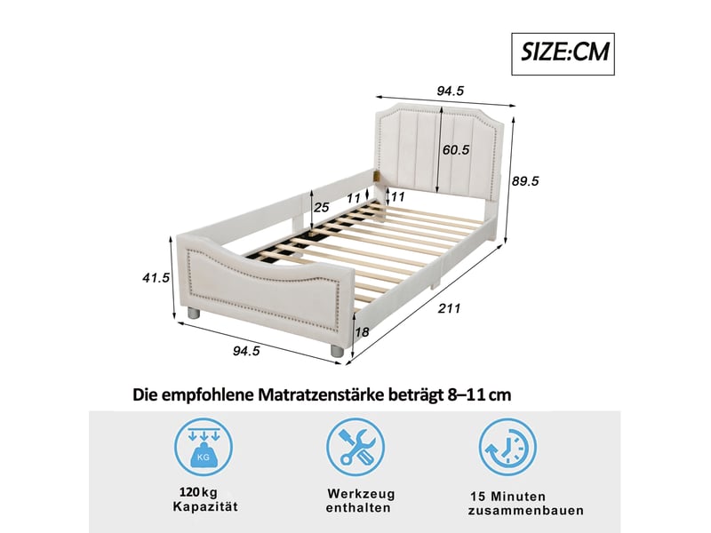  Modenvie lit enfant capitonné 90x200 cm - avec dossier et structure multifonction, sans matelas - beige  - Conforama C