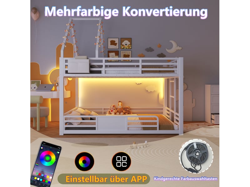 Lit superposé 140x200 cm métal blanc avec led et rangement - Conforama E