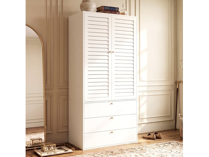  Armoire 2 portes 90x50x200 cm avec portes à lamelles, panneau de particules blanc chambre et dressing pour dressing  - Conforama D