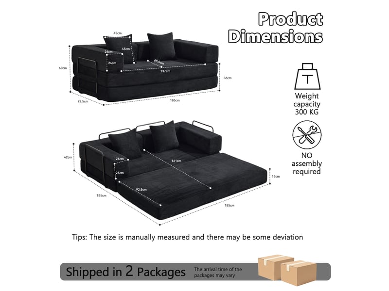  Canapé convertible au sol pliable en couchage  - accoudoirs rabattables, velours côtelé - noir  - Conforama D