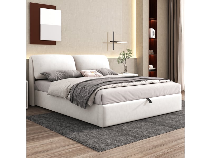  Lit coffre 180x200 cm, lit double, sommier à lattes, rangement hydraulique, velours beige, 3 tiroirs  - Conforama D
