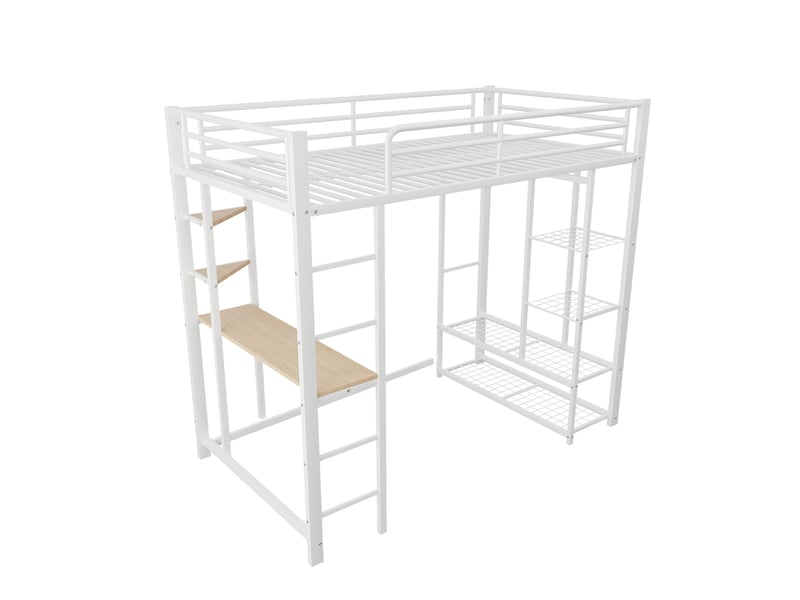  Lit mezzanine avec bureau suspendu et rangements, blanc, 90x200 cm, échelle intégrée  - Conforama E