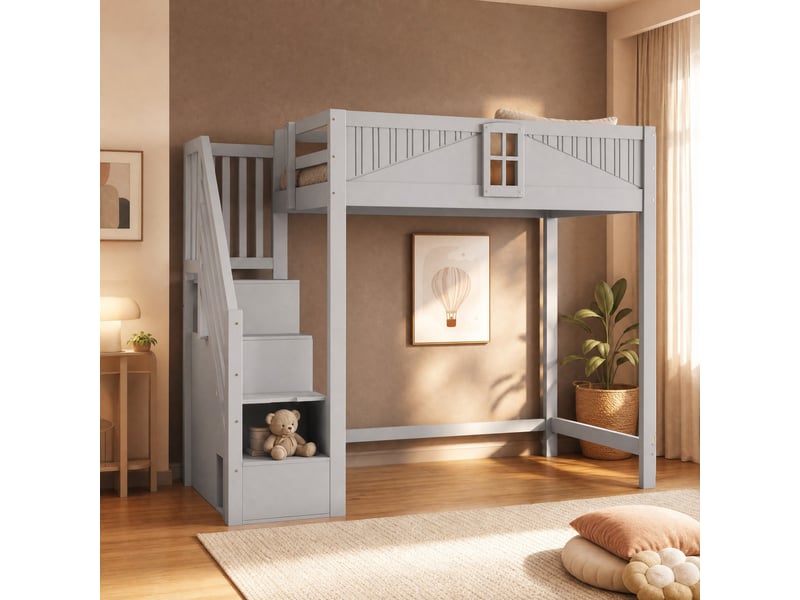  Lit mezzanine 90x200 cm avec rangement, échelle réversible en bois gris  - Conforama C