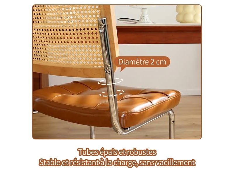 Lot de 4 chaises de salle à manger, chaises de cuisine marron avec dossier respirant en rotin et structure luge en métal chromé. - Conforama D