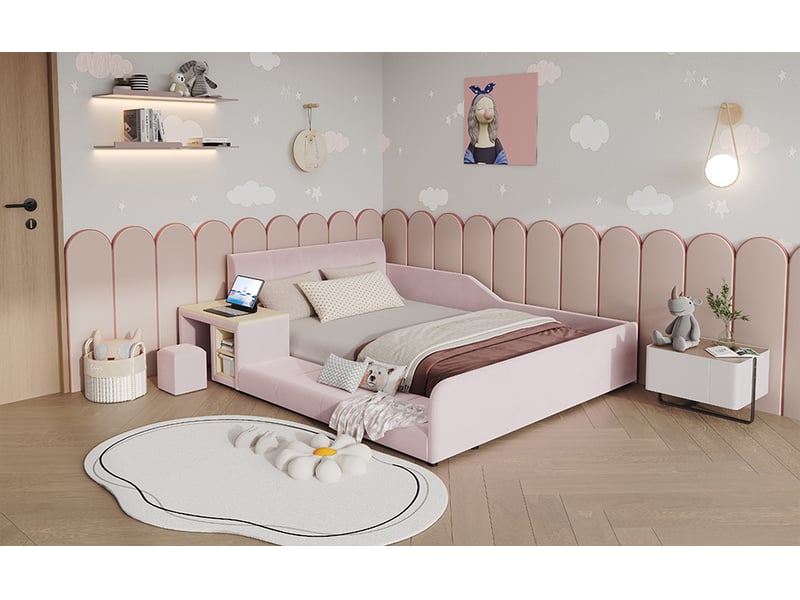  Lit enfant rembourré avec bureau et tabouret - 140x200cm - niches de rangement et revêtement en velours - avec sommier à lattes - rose  - Conforama B