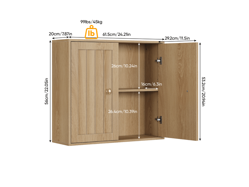 Armoire de salle de bain murale avec 2 portes et rangement fermé, poignées dorées, coloris chêne, 61,5 × 20 × 56 cm - Conforama E