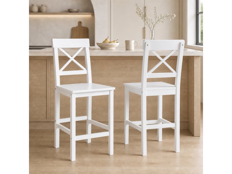  Lot de 2 chaises hautes, chaises de bar style campagne chic en bois hauteur 60 cm avec repose-pieds, blanc  - Conforama C