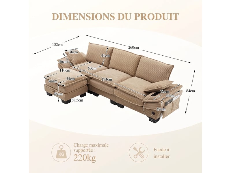 Canapé modulaire 3 places assise large ergonomique 260x132x84 cm avec pouf rangement et usb-c - Conforama C