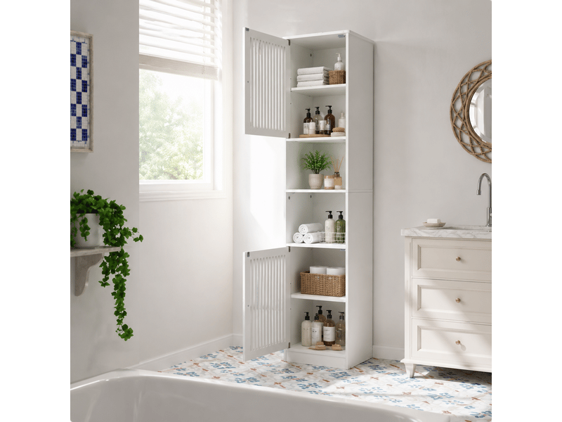  Colonne de salle de bain blanche 163 cm, étagères réglables et portes persiennées  - Conforama W