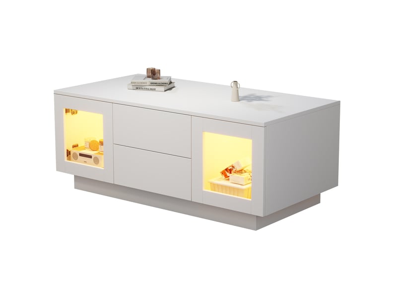  Table basse avec 2 tiroirs, 2 rangements vitrés et éclairage led réglable pour salon en mdf blanc 100 × 50 × 40 cm  - Conforama A