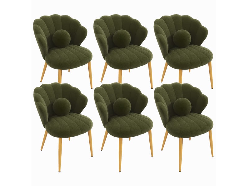  Chaise de salle à manger lot de 6, dossier coquillage et coussin rond, pieds dorés en fer, tissu bouclé vert  - Conforama A