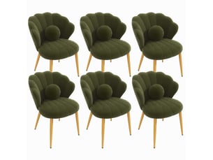 Chaise de salle à manger lot de 6, dossier coquillage et coussin rond, pieds dorés en fer, tissu bouclé vert