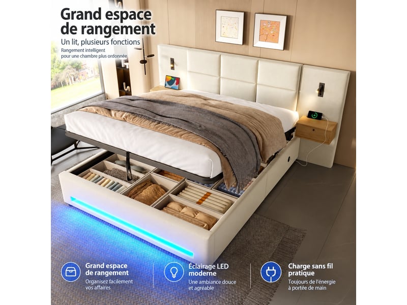  Lit coffre 180 x 200 cm en velours avec tête de lit rembourrée, rangement hydraulique, éclairage led et ports usb-c, beige  - Conforama B