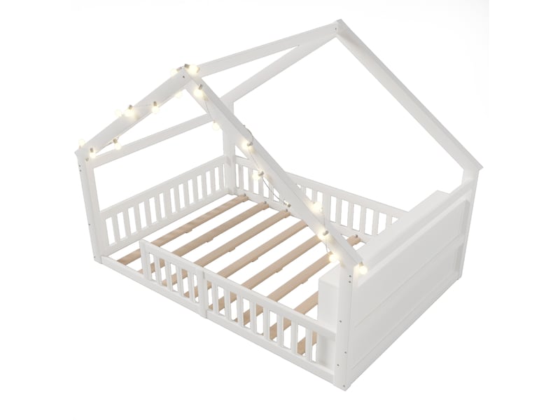  Lit 140x190 cm, lit enfant, sommier, forme de cottage, style épuré, structure en bois et mdf, blanc, sans matelas  - Conforama E