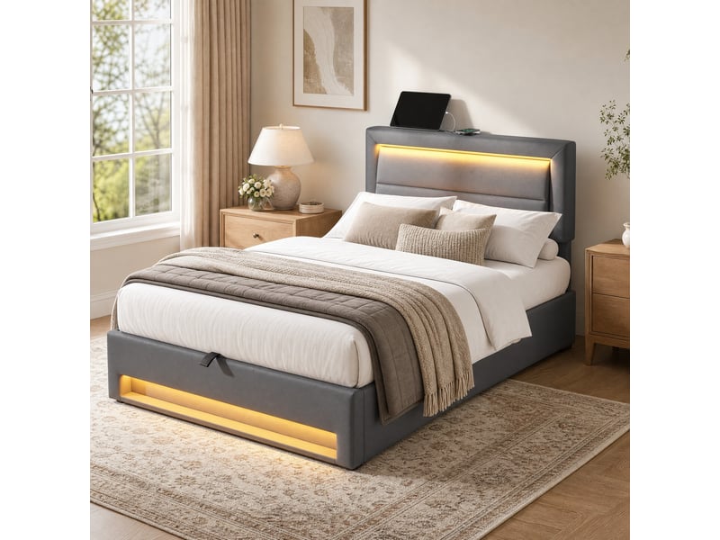 Lit coffre 90x190 cm en pu gris avec led, usb et recharge sans fil  - Conforama B