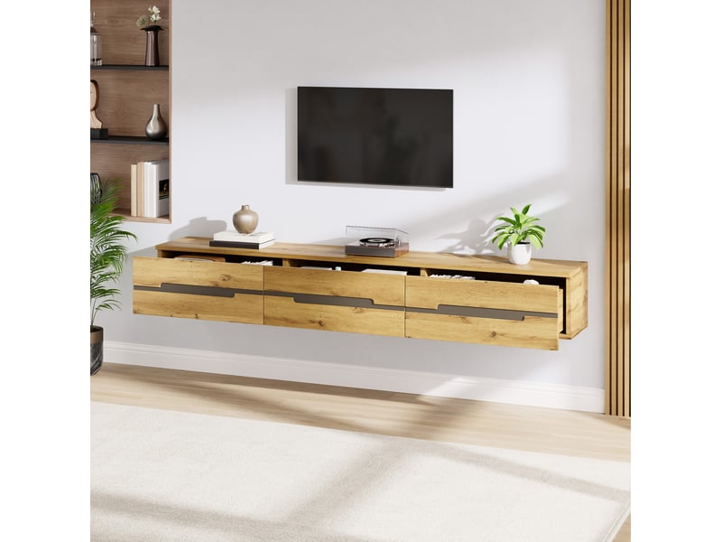  Meuble tv mural avec 3 tiroirs 160x30x25,5 cm coloris bois naturel  - Conforama B
