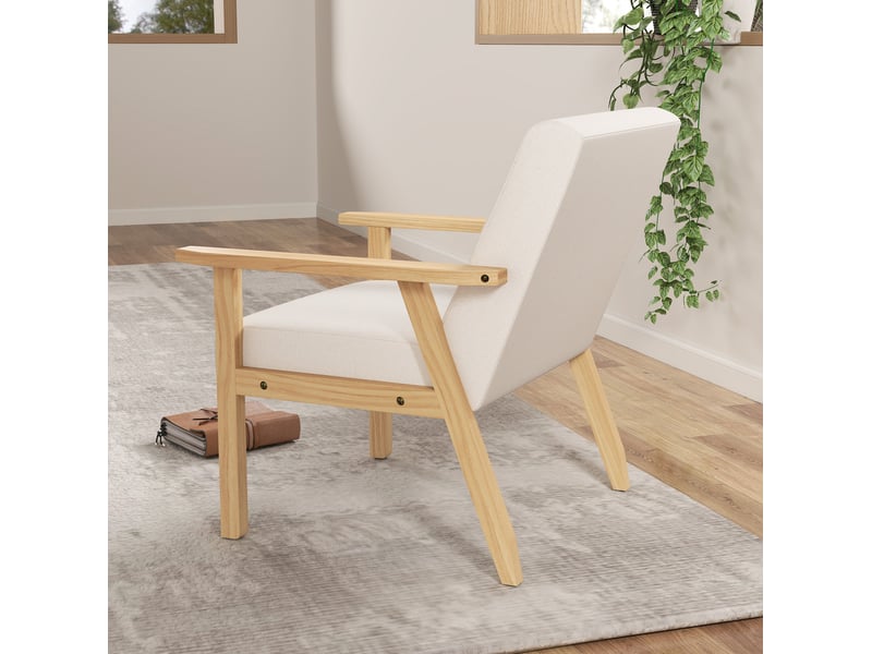  Fauteuil de détente avec accoudoirs et deux grands coussins, assise large et structure en bois, en lin blanc crème  - Conforama D