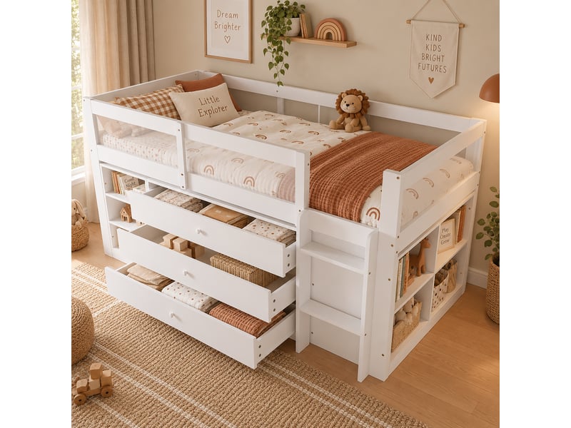 Lit mi-hauteur enfant 90x200cm avec barrière anti-chute en acrylique, 3 tiroirs, niches ouvertes et étagère latérale à 4 cases, bois, blanc evarich - Conforama E