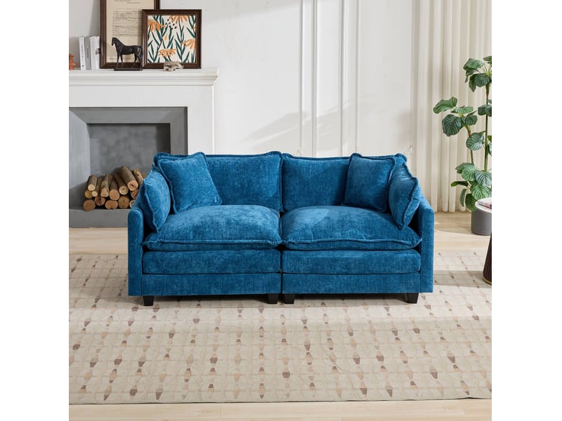  Canapé 2 places modulaire bleu en chenille, sans pouf  - Conforama D