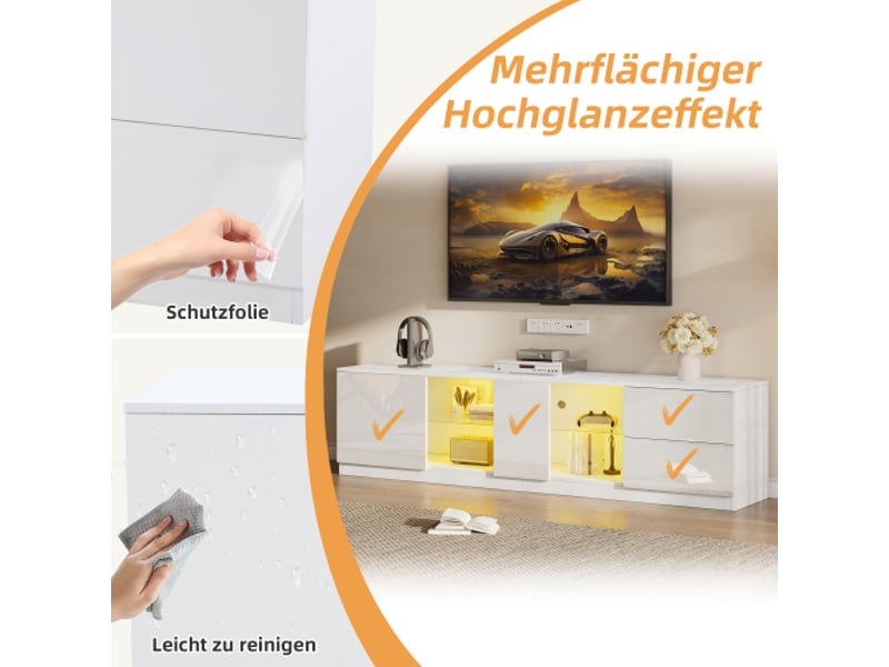  Meuble tv 160x40x52cm brillant avec led - commode &amp; buffet moderne pour tv 65 - lowboard salon ou chambre  - Conforama E