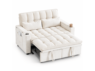 Canapé convertible 3-en-1 142 x 89 x 89 cm, coussins assise et dossier moelleux, 2 lombaires, tablette et porte-gobelet, chenille, beige