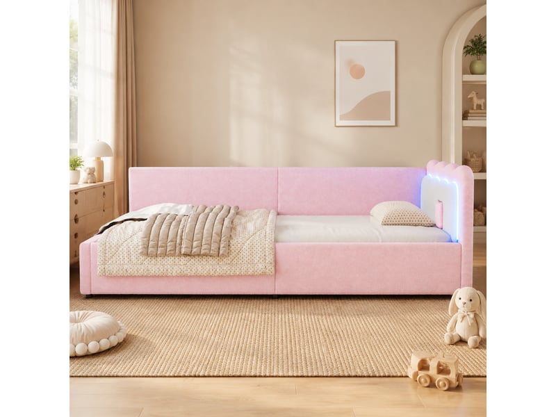  Lit banquette convertible avec sommier à lattes et éclairage led réglable, tête de lit bicolore, velours rose  - Conforama B