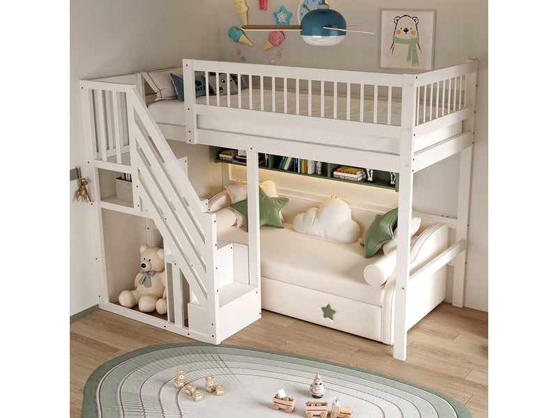Lit superposé 90x200 cm avec escalier et coffres de rangement, lit haut robuste, blanc - Conforama D
