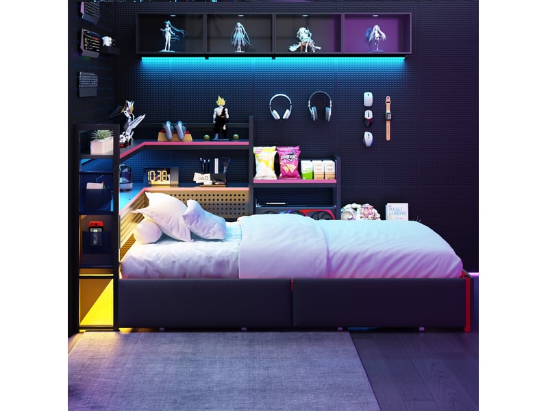 Lit simple 90x200 cm en métal avec 3 tiroirs, étagères, led et usb, noir - Conforama D