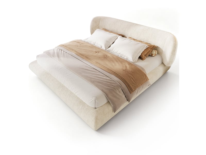  Lit double rembourré 160x200 cm avec sommier à lattes, lit adulte en chenille beige, sans matelas  - Conforama A