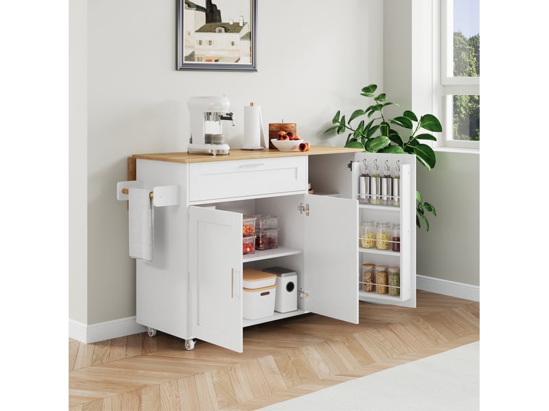 Desserte de cuisine 132.5x44x90 cm mdf blanc et naturel avec plateau rabattable - Conforama E