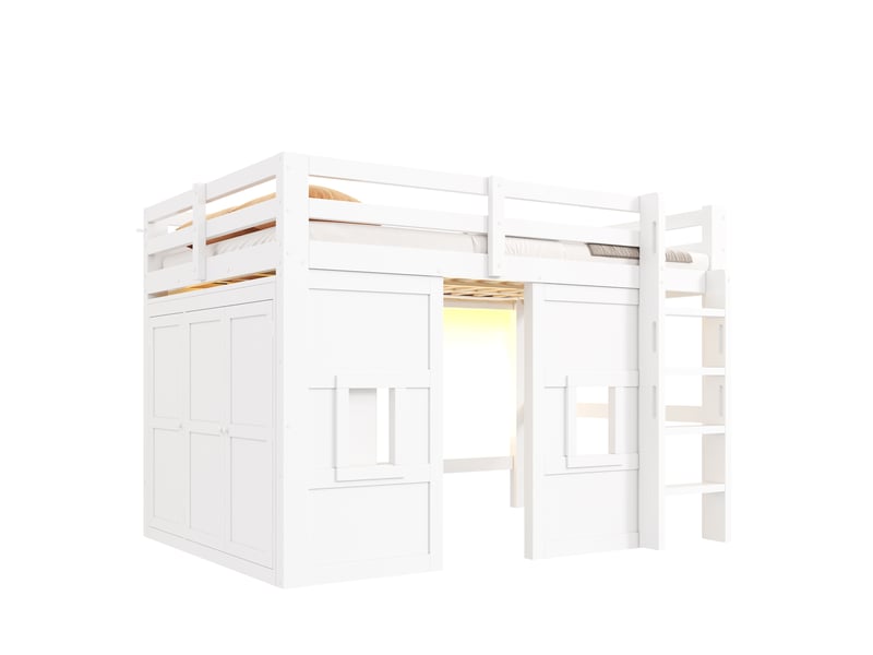 Lit mezzanine 140x200 cm avec armoire réversible et 2 fenêtres, lit double gain de place avec led multicolore, garde-corps, pin et mdf blanc - Conforama A