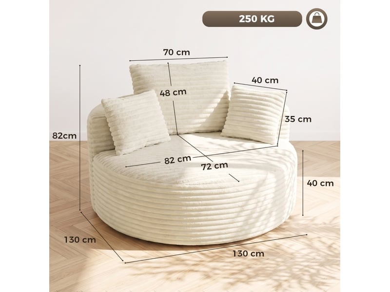 Fauteuil rond 1 place en mousse, assise profonde avec 4 coussins, sans cadre, en velours côtelé crème - Conforama C