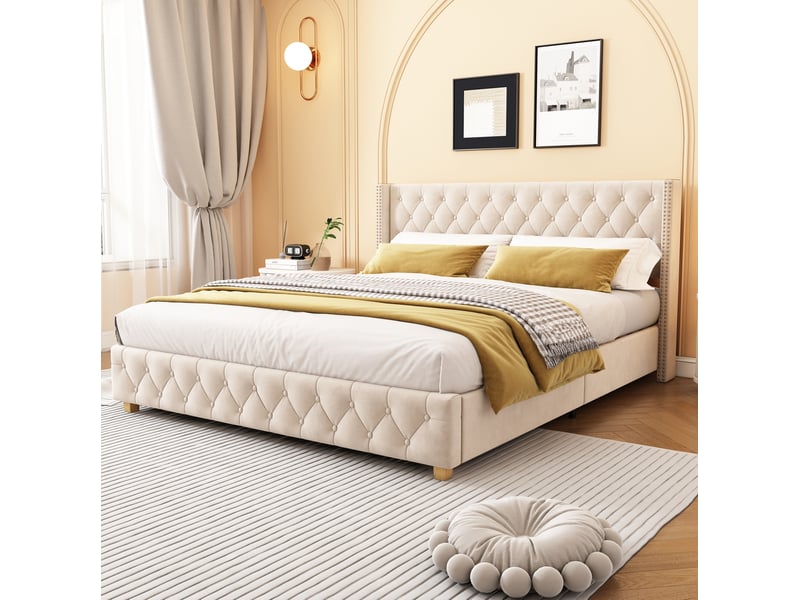  Lit rembourré tcqpz 160 x 200 cm avec sommier à lattes, tête de lit, velours beige clair  - Conforama B