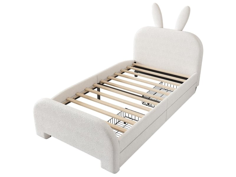 Lit plat rembourré enfant 90x200 cm, forme lapin en laine, deux tiroirs, doux et chaleureux, sans matelas, très pratique, blanc - Conforama R