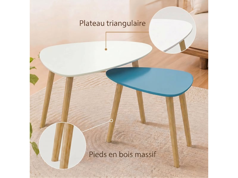  Lot de 2 tables basses gigognes design pieds scandinave en bois et plateau en bois, blanc et bleu  - Conforama E