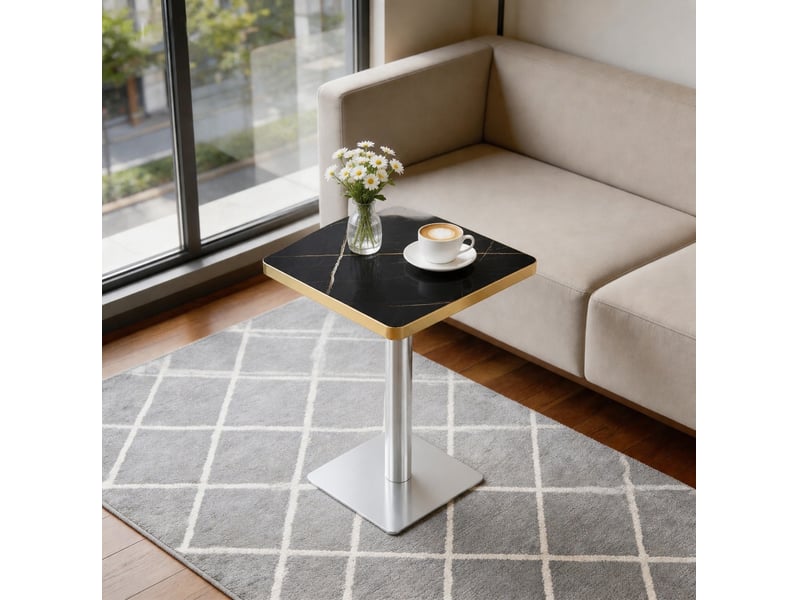 Table de salle à manger carrée pour 2 à 4 personnes avec pied central, effet marbre noir, métal 60 × 60 × 73,7 cm - Conforama E