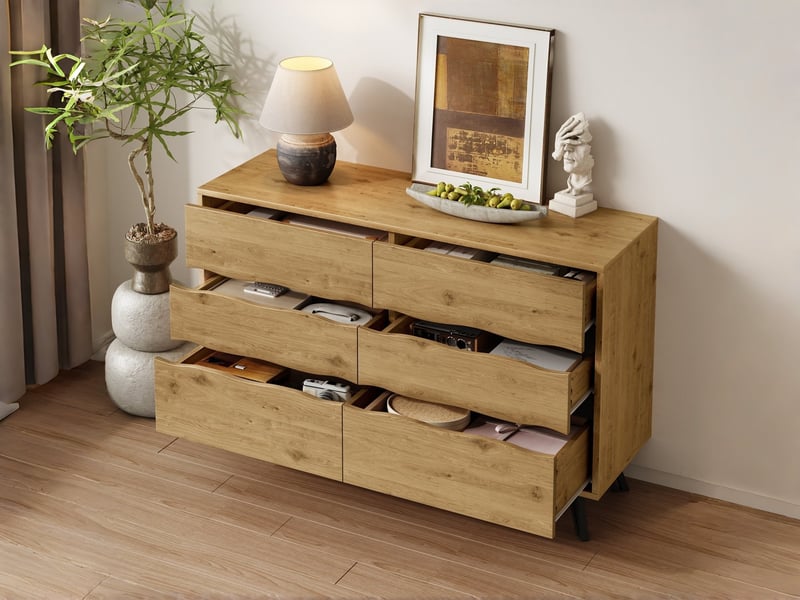  Commode 6 tiroirs – effet bois, pieds en métal, grand espace de rangement, design minimaliste – 120 x 40 x 75,5 cm  - Conforama B