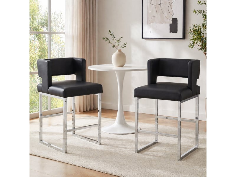 Lot de 2 tabourets de bar 53x48x91 cm, pieds métalliques argentés, pu noir, chaises hautes, assise carrée, meuble cuisine - Conforama B