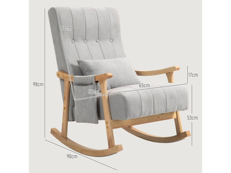  Fauteuil à bascule rembourré gris, coussin lombaire, poche latérale, cadre bois, aspect lin, salon et chambre  - Conforama C