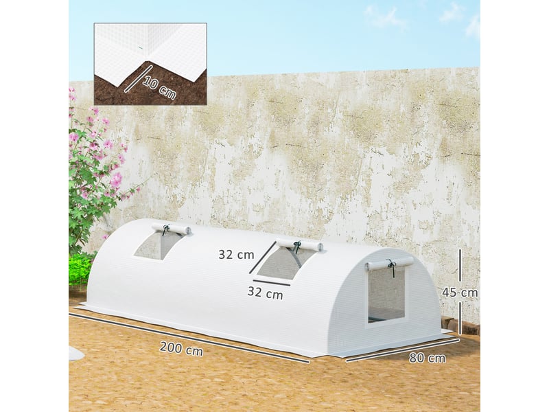  Serre tunnel de jardin 200 x 80 x 45 cm – blanche – 4 fenêtres en maille enroulables, protection uv  - Conforama C