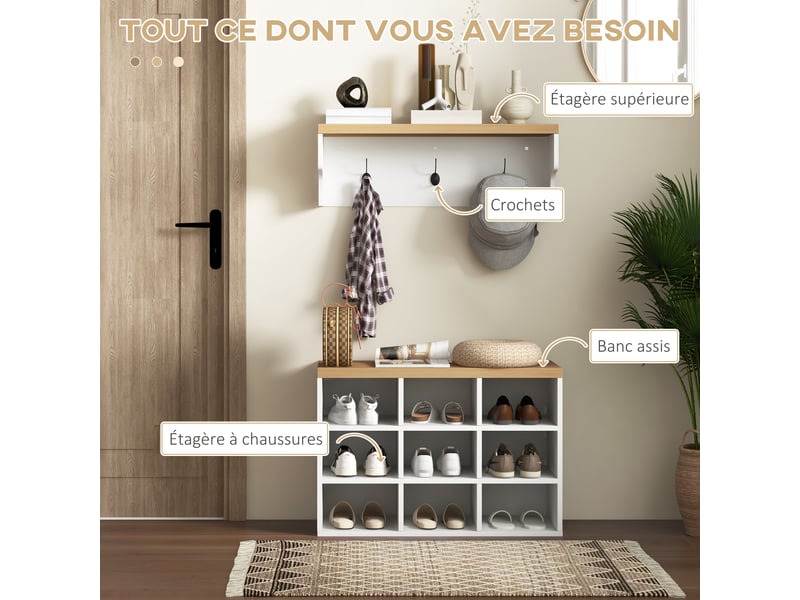  Ensemble meuble d'entrée 2-en-1 porte-manteau mural banc à chaussures 3 crochets et 9 niches 75x30x50cm blanc et chêne  - Conforama D
