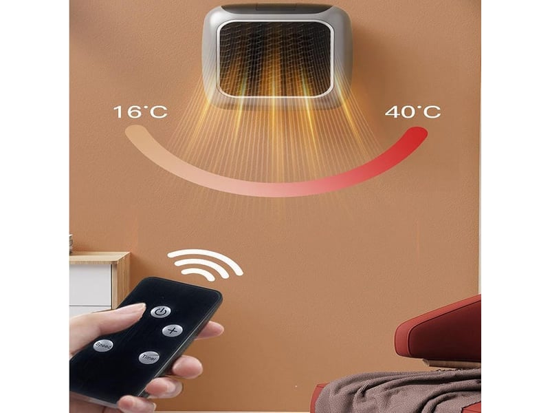 Chauffage portable céramique 800w - télécommande incluse - taille 19x17x10.5 cm - ventilateur chauffant enfichable - pour petites pièces et bureau, gris argenté - Conforama D