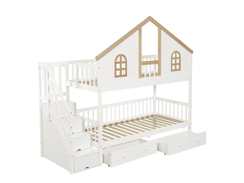 Lit superposé enfant 90x200 cm en bois blanc et bois clair avec escalier de rangement, tiroirs et fenêtres, sans matelas  - Conforama A