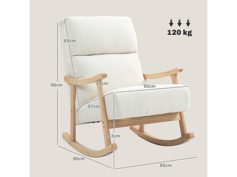  Fauteuil à bascule rembourré en velours teddy, dossier ergonomique, pieds en bois d'hévéa, couleur crème  - Conforama E
