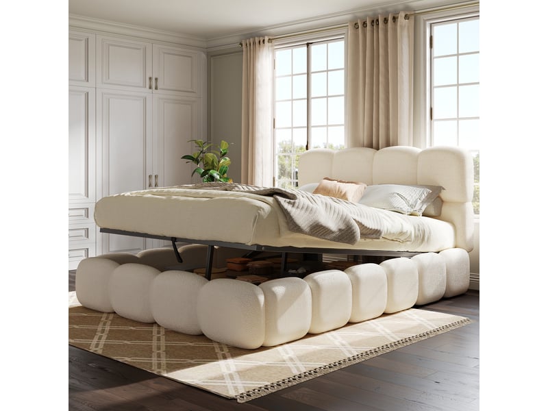 Lit coffre 140x200 cm rembourré avec rangement hydraulique, sommier à lattes et tête de lit capitonnée, tissu bouclé, blanc Sol Morn - Conforama B