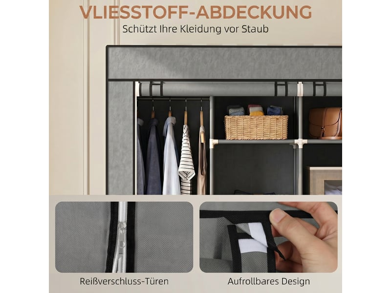  Armoire en tissu 2 tringles 10 compartiments à roulettes gris 166 x 42,5 x 167 cm  - Conforama E