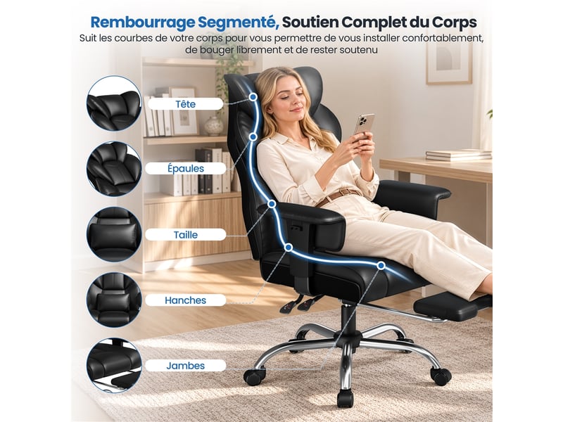 Fauteuil de direction ergonomique à dossier haut avec repose-pieds et accoudoirs réglables 616443 Black - Conforama E
