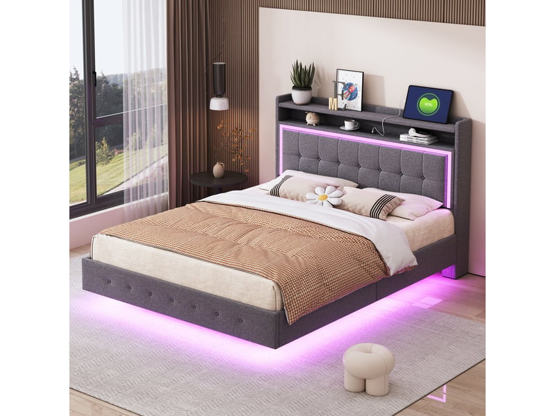  Lit rembourré 140x200 cm, lin gris, éclairage led, prise usb, pieds dissimulés, sans matelas et sommier solide  - Conforama E