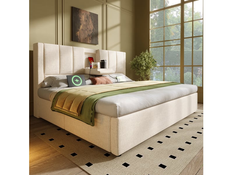  Lit coffre 160 x 200 cm en lin beige avec matelas, sommier à lattes et station de charge  - Conforama D