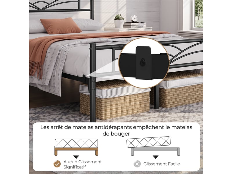  Cadre de lit métallique avec tête de lit motif nuages 160x200 cm, support à lattes renforcé et espace rangement inférieur 615079 Black (160*200cm) - Conforama D